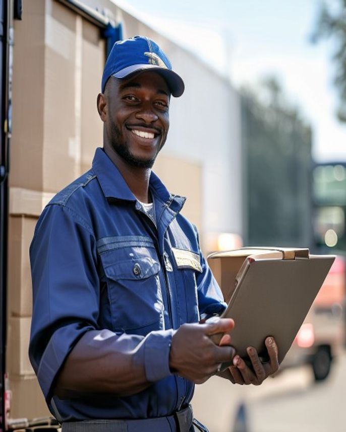 Smiling courier in blue uniform logging packages on a tablet beside a delivery truck